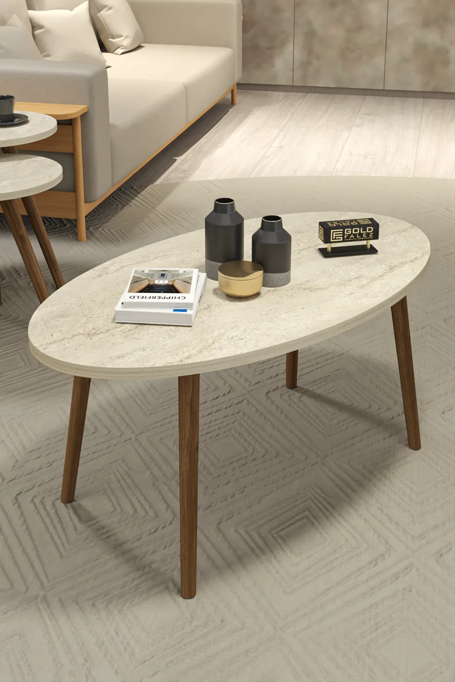 Turned Wooden Leg Oval Coffee & Nesting Table Set - Multicolour
