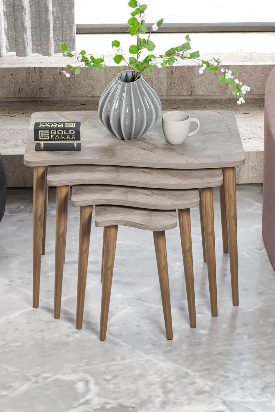 Turned Leg 4-Piece Square Nesting Table Set - Grey