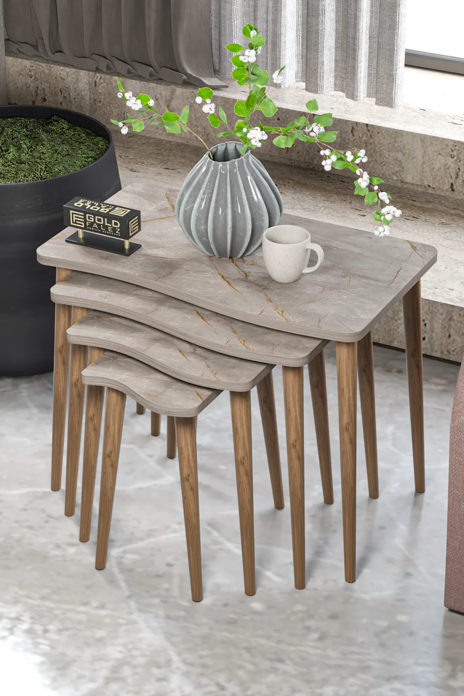Turned Leg 4-Piece Square Nesting Table Set - Grey