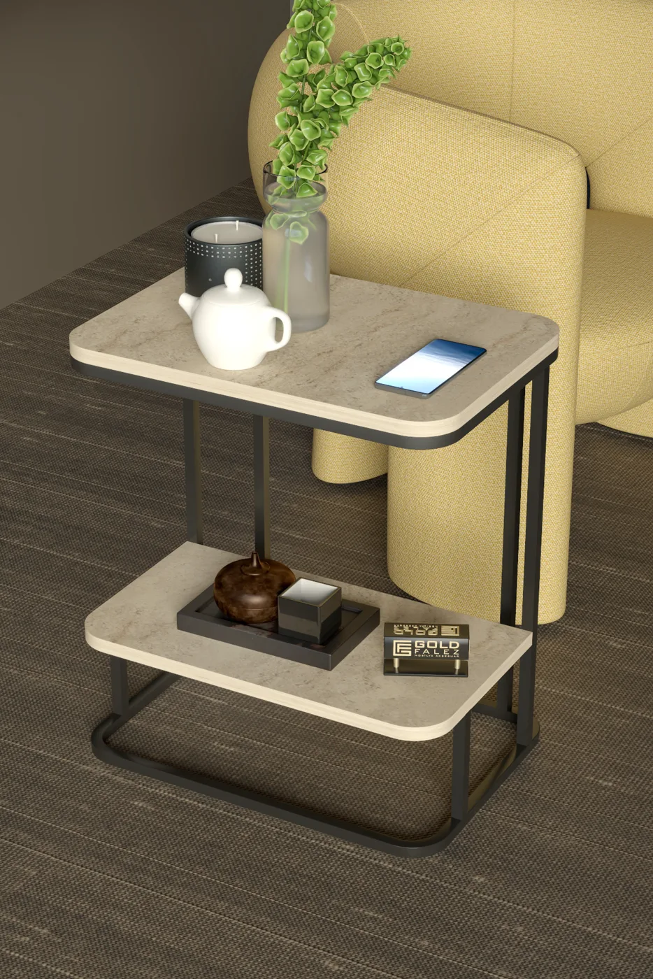 Double Metal Leg Rectangular Side Table - Ecru