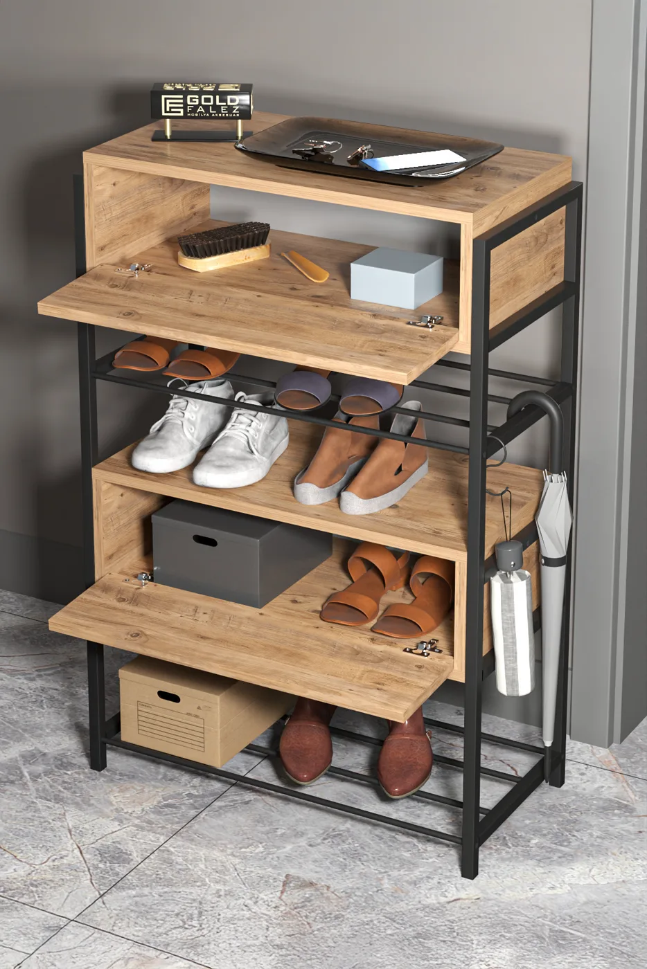 2-Door Wooden Shoe Cabinet Metal Frame - Brown
