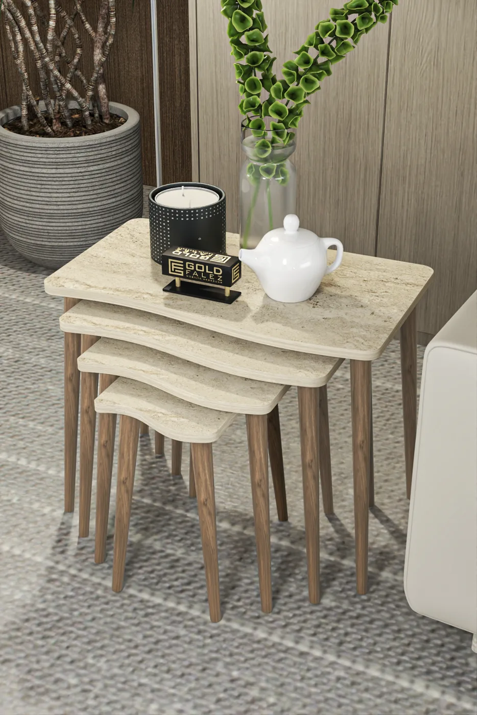 Turned Leg 4-Piece Square Nesting Table Set - Ecru
