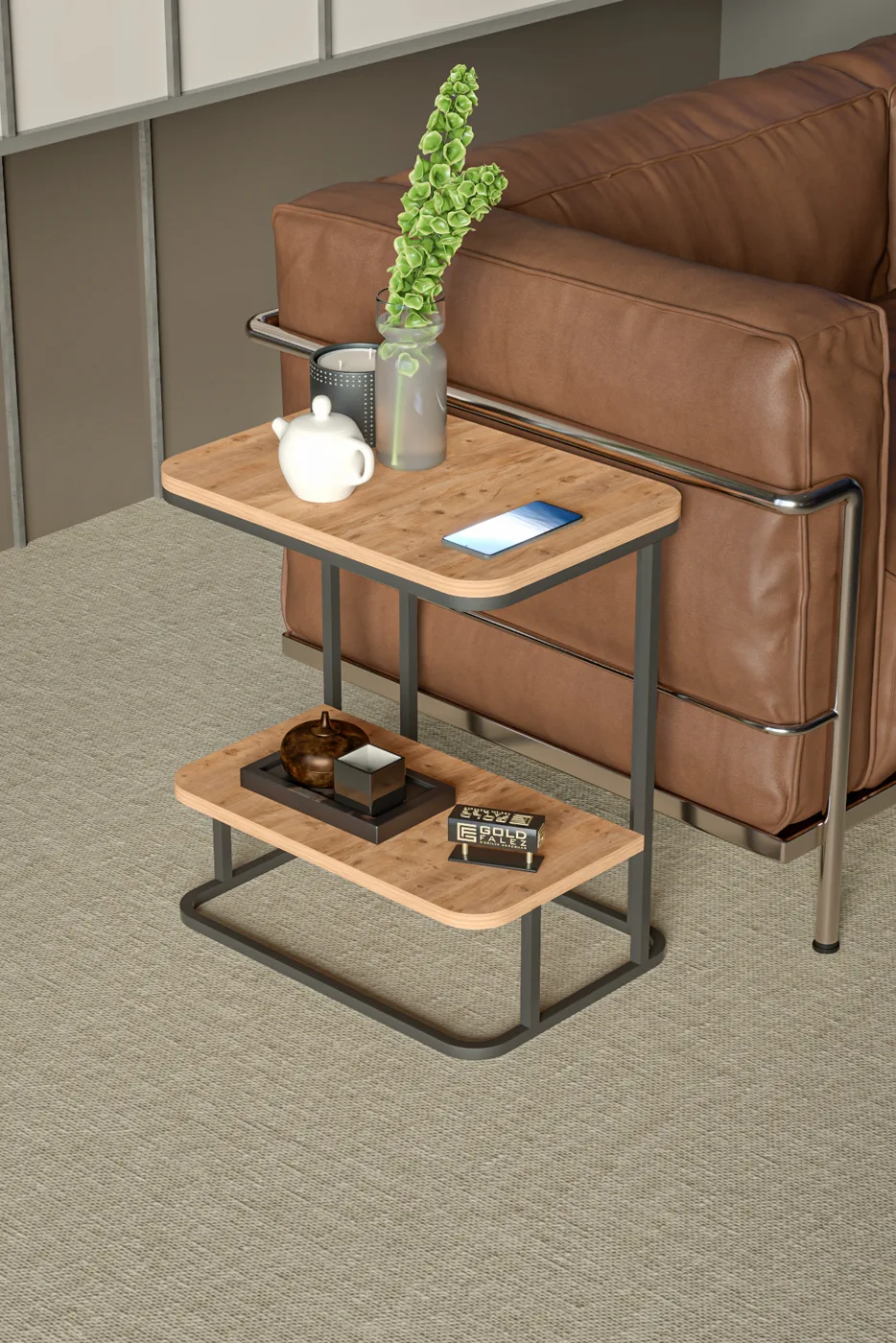 Double Metal Leg Rectangular Side Table - Brown