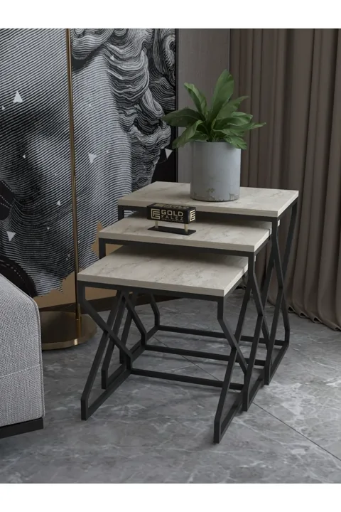 3-Piece Square Nesting Table Set V-Shaped Legs - Beige