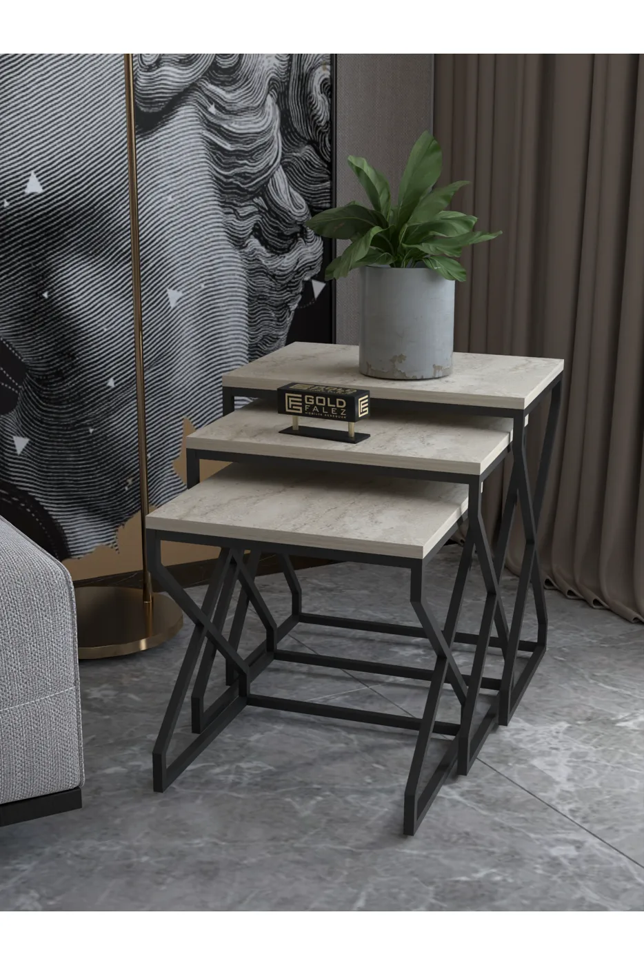 3-Piece Square Nesting Table Set V-Shaped Legs - Beige