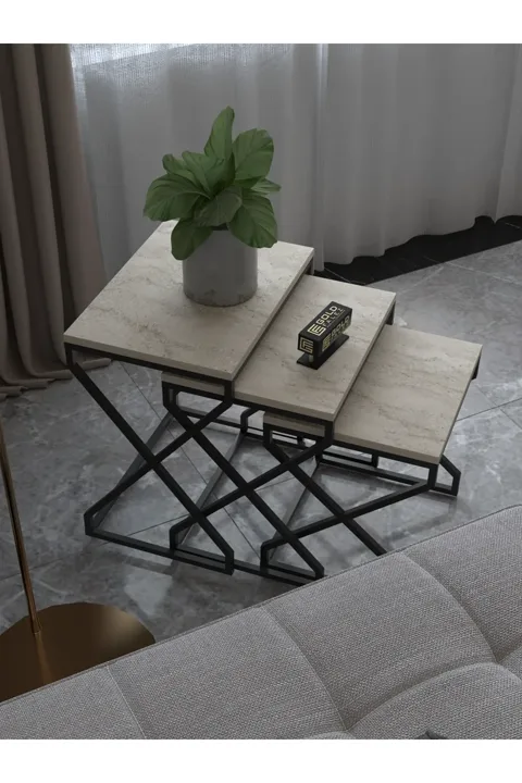 3-Piece Square Nesting Table Set V-Shaped Legs - Beige