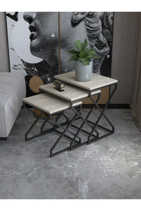 3-Piece Square Nesting Table Set V-Shaped Legs - Beige