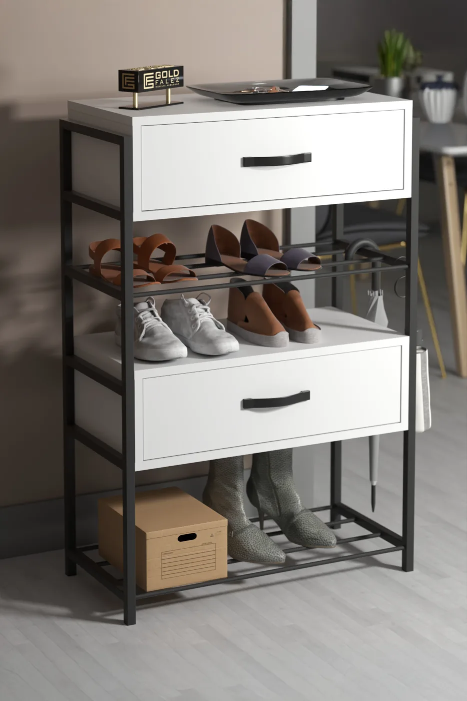 2-Door Wooden Shoe Cabinet Metal Frame - White