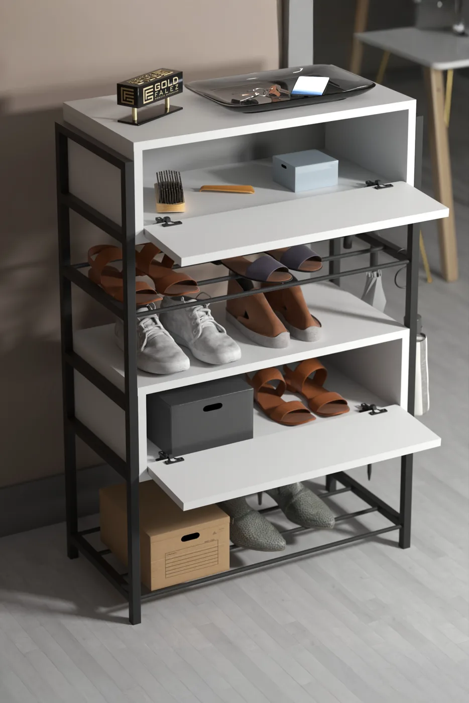 2-Door Wooden Shoe Cabinet Metal Frame - White