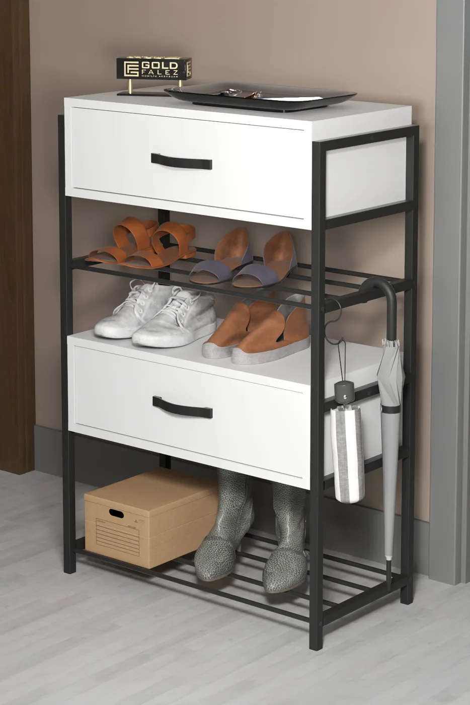 2-Door Wooden Shoe Cabinet Metal Frame - White