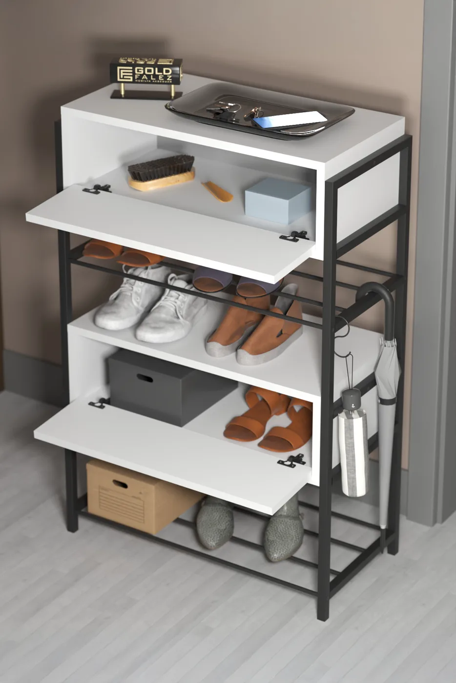 2-Door Wooden Shoe Cabinet Metal Frame - White