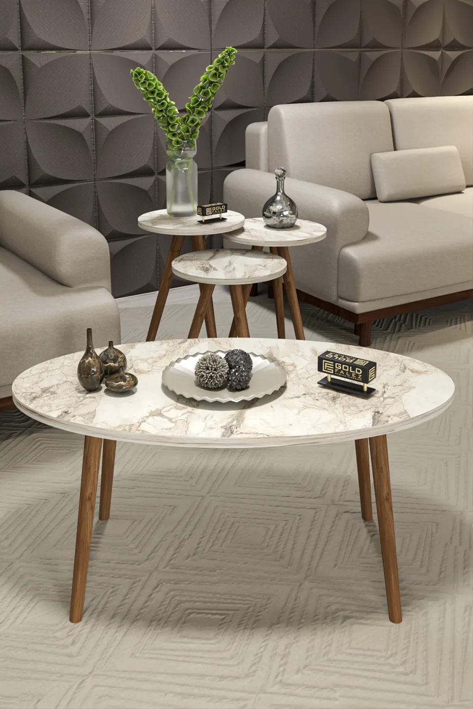 Turned Wooden Leg Oval Coffee & Nesting Table Set - Beige