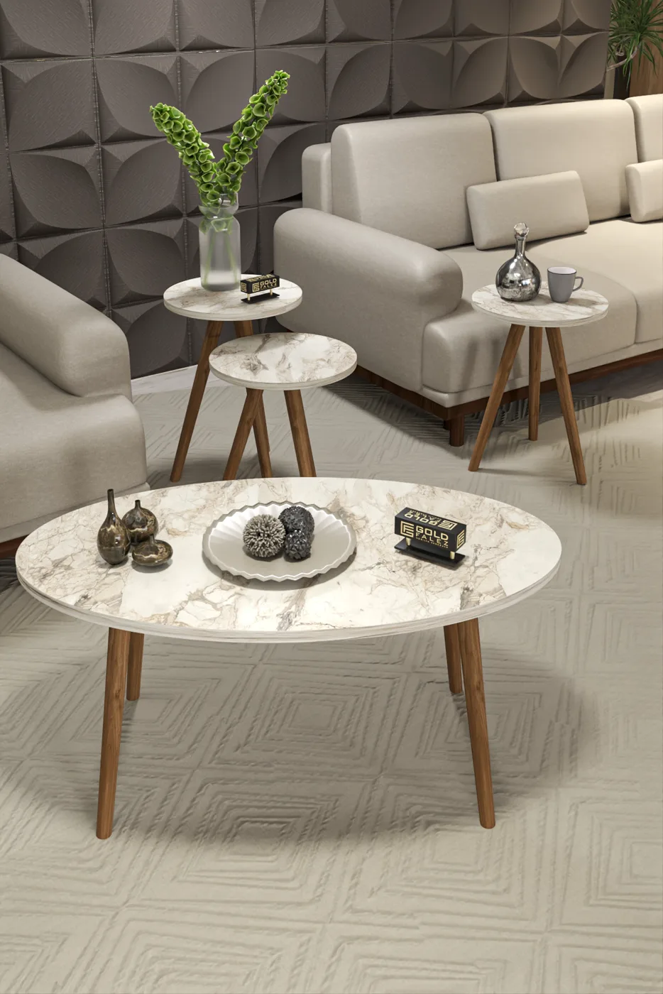 Turned Wooden Leg Oval Coffee & Nesting Table Set - Beige