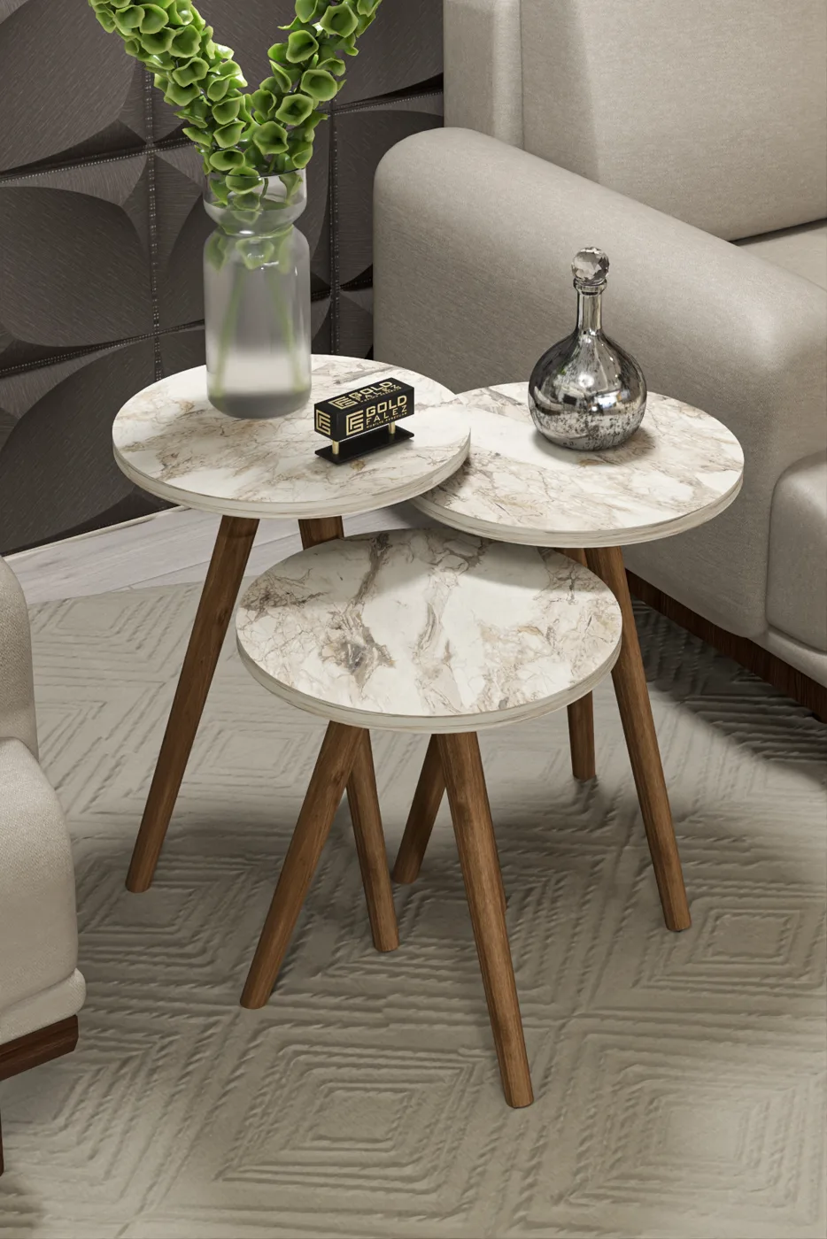 Turned Wooden Leg Oval Coffee & Nesting Table Set - Beige