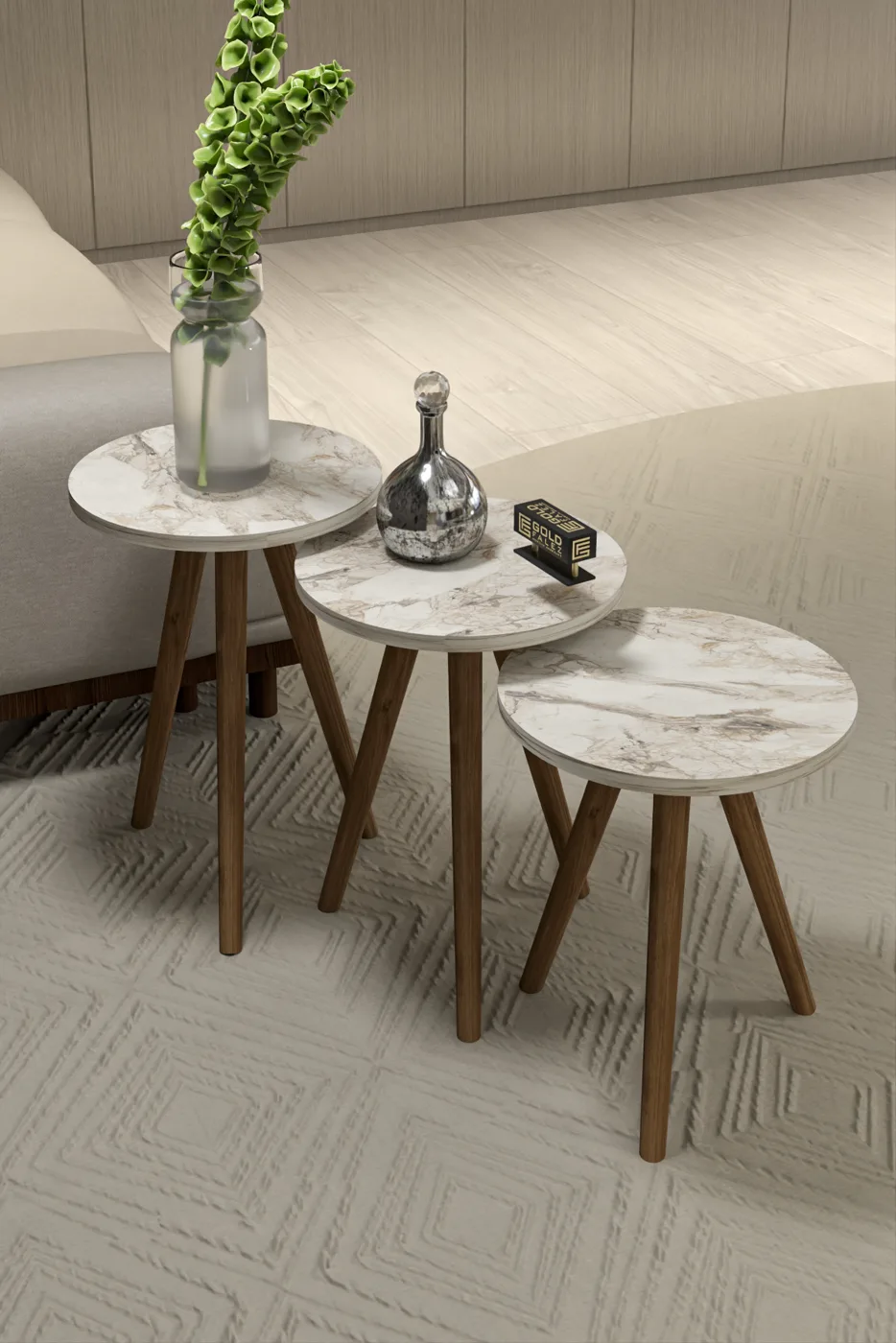Turned Wooden Leg Oval Coffee & Nesting Table Set - Beige