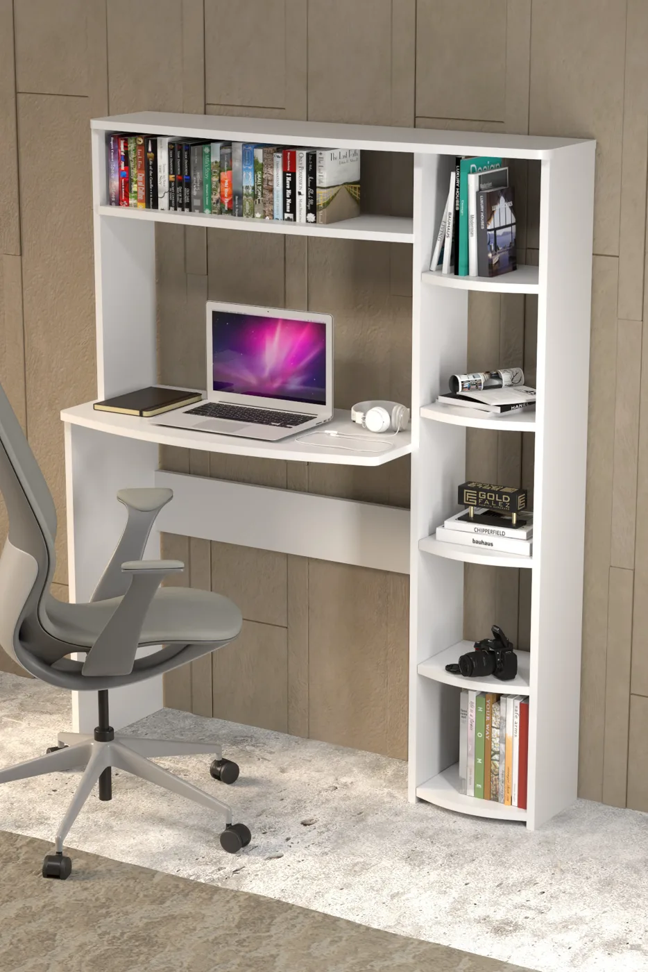 5-Piece Desk with Bookcase - White