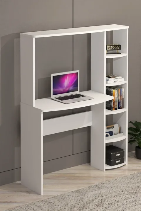 5-Piece Desk with Bookcase - White