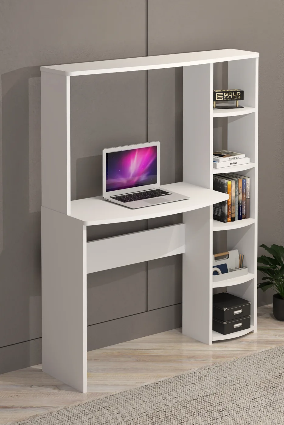 5-Piece Desk with Bookcase - White
