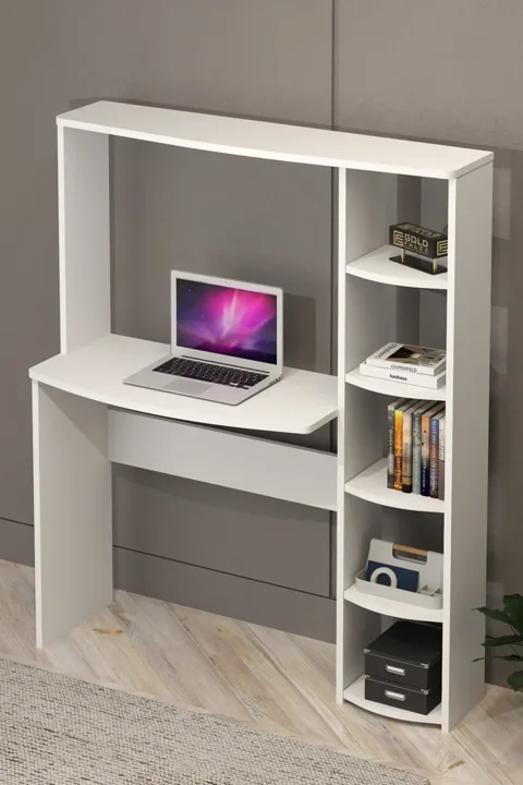 5-Piece Desk with Bookcase - White