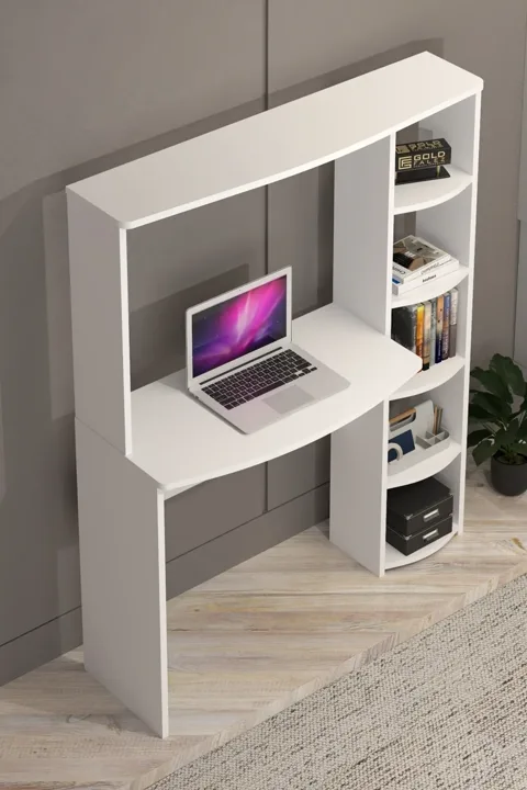 5-Piece Desk with Bookcase - White