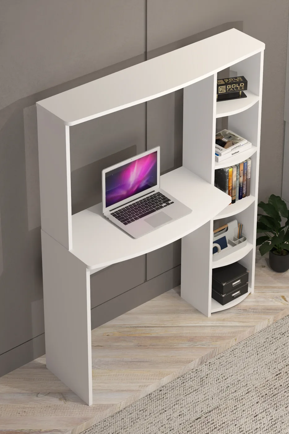 5-Piece Desk with Bookcase - White