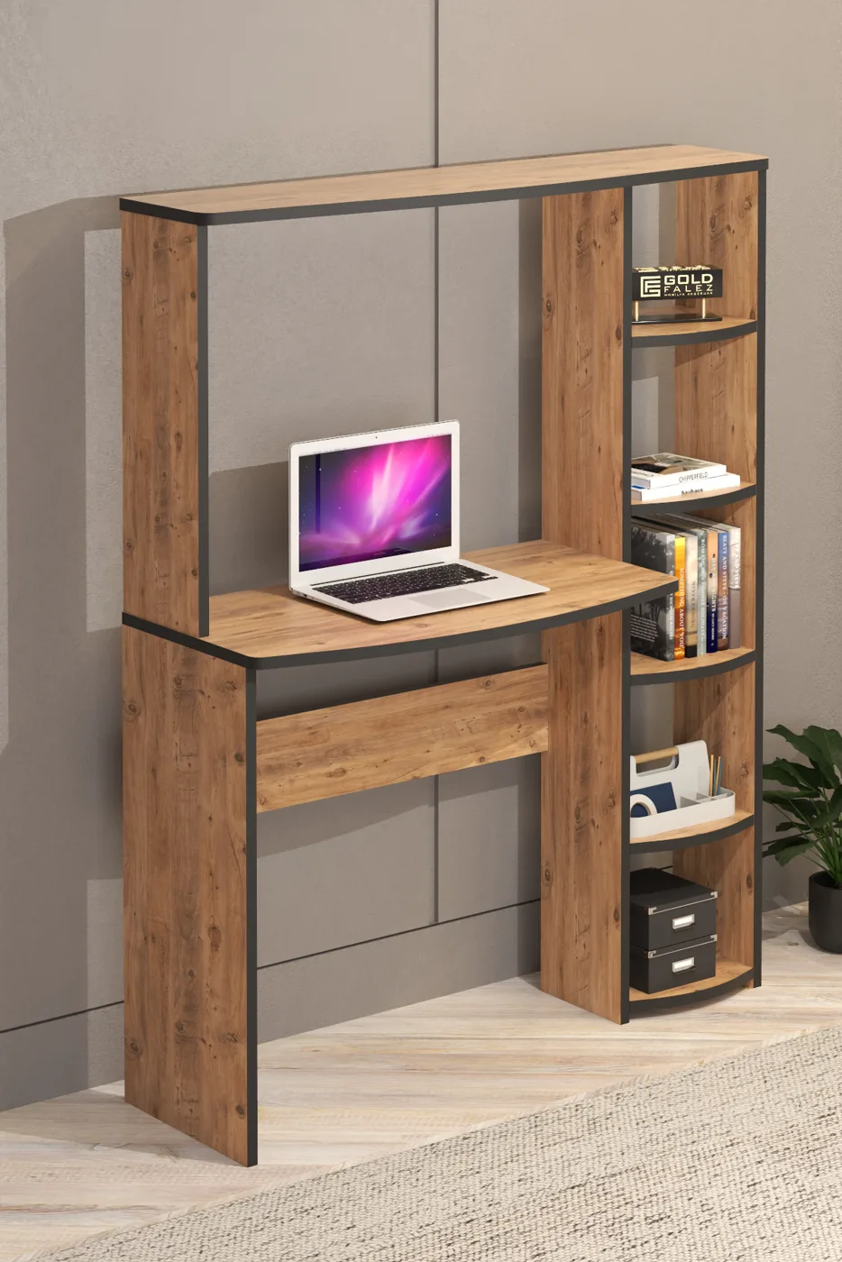 5-Piece Desk with Bookcase - Brown