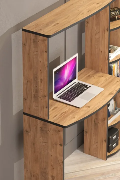 5-Piece Desk with Bookcase - Brown