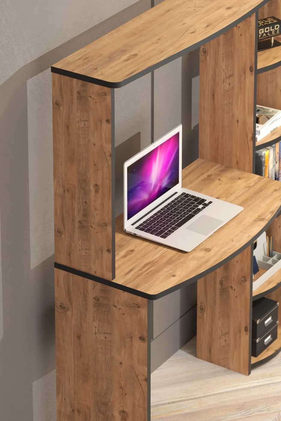 5-teiliger Schreibtisch mit Bücherregal - Braun