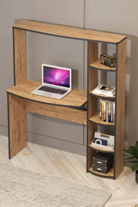 5-Piece Desk with Bookcase - Brown