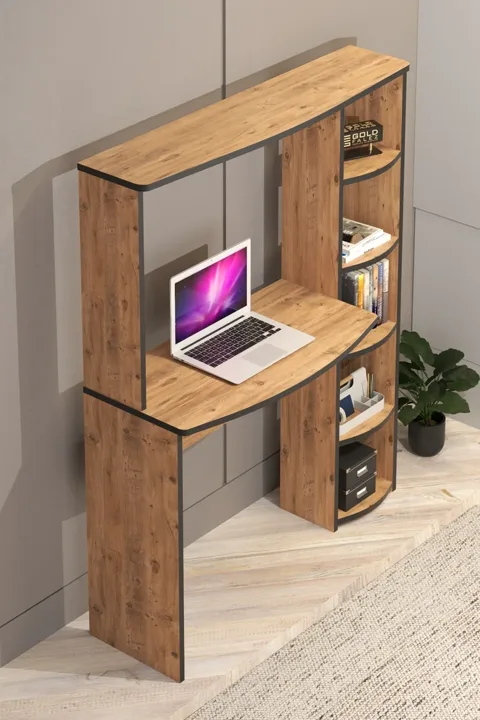 5-Piece Desk with Bookcase - Brown