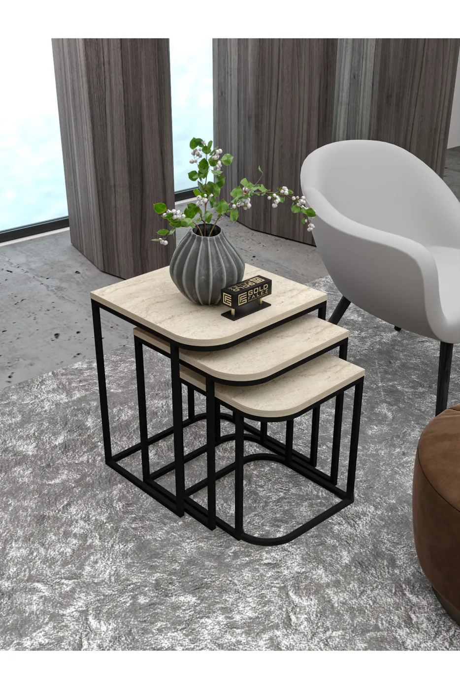 Damla 3-Piece Rectangular Nesting Table Set - Beige