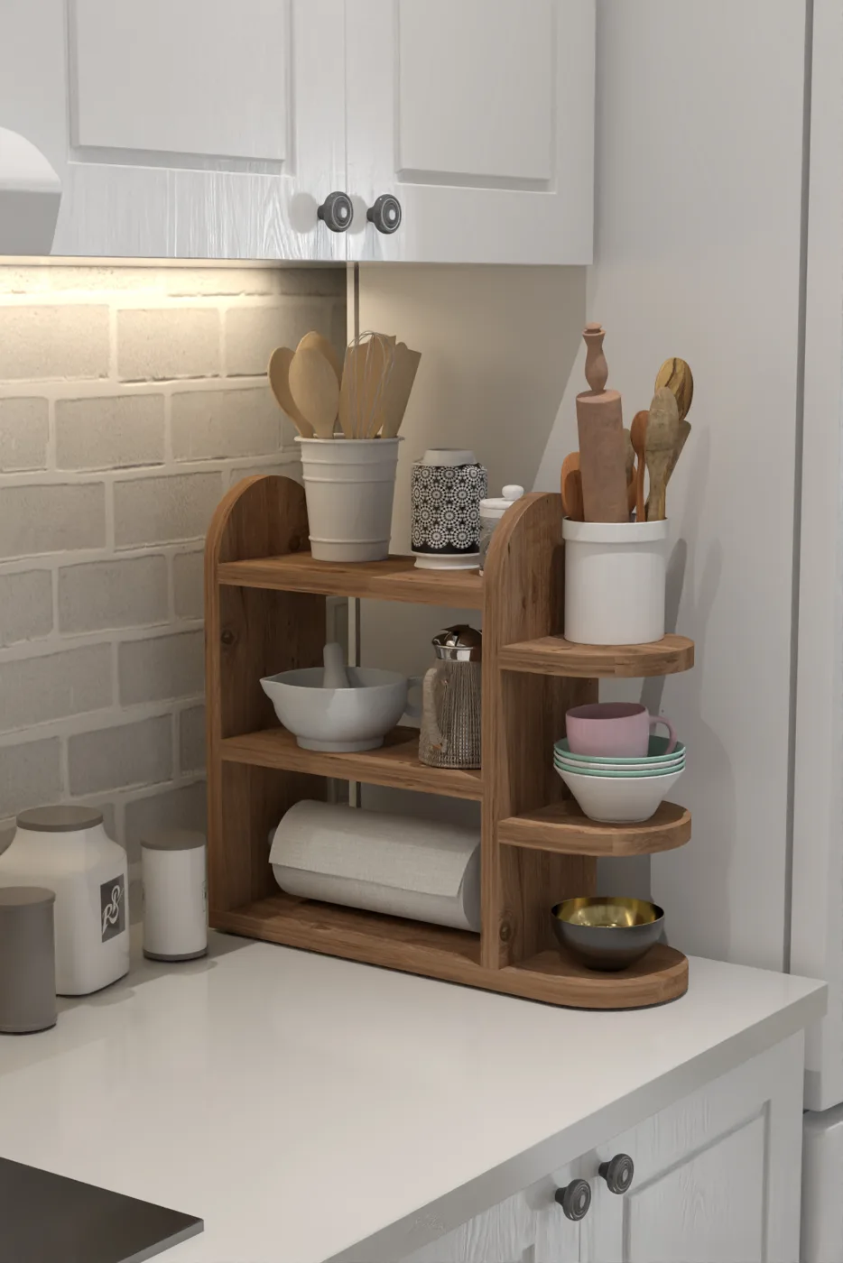 Multi-Purpose Kitchen Shelf, Spice Rack & Napkin Holder - Brown