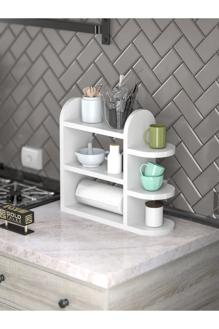 Multi-Purpose Kitchen Shelf, Spice Rack & Napkin Holder - White