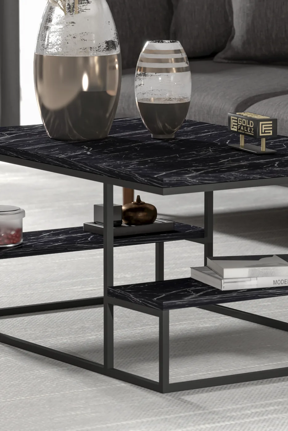 Coffee Table with Shelves - Black