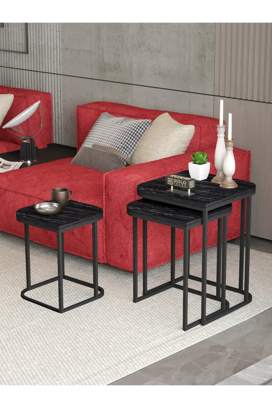 Damla 3-Piece Rectangular Nesting Table Set - Black