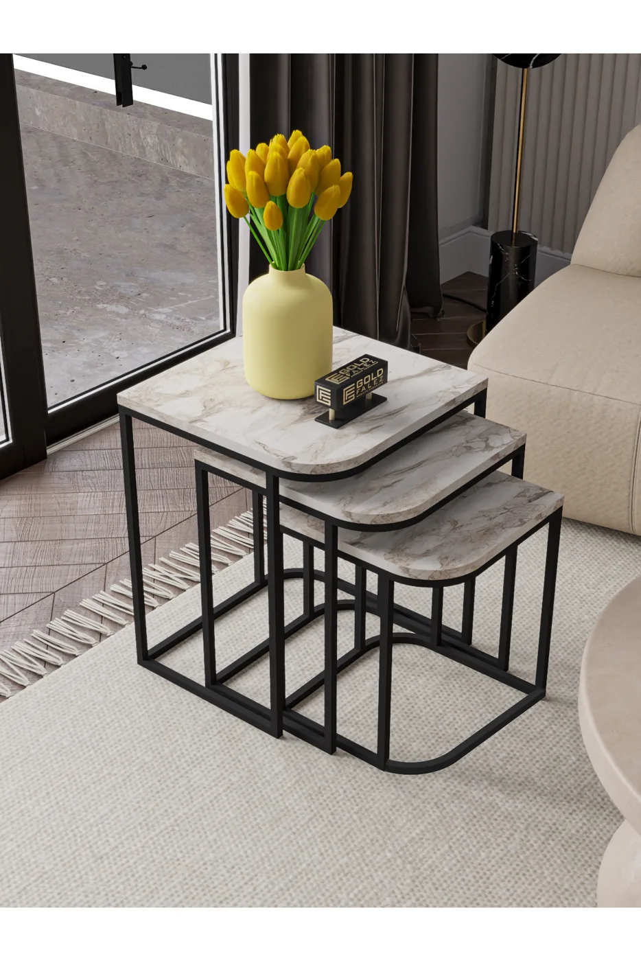 Damla 3-Piece Rectangular Nesting Table Set - Multicolour