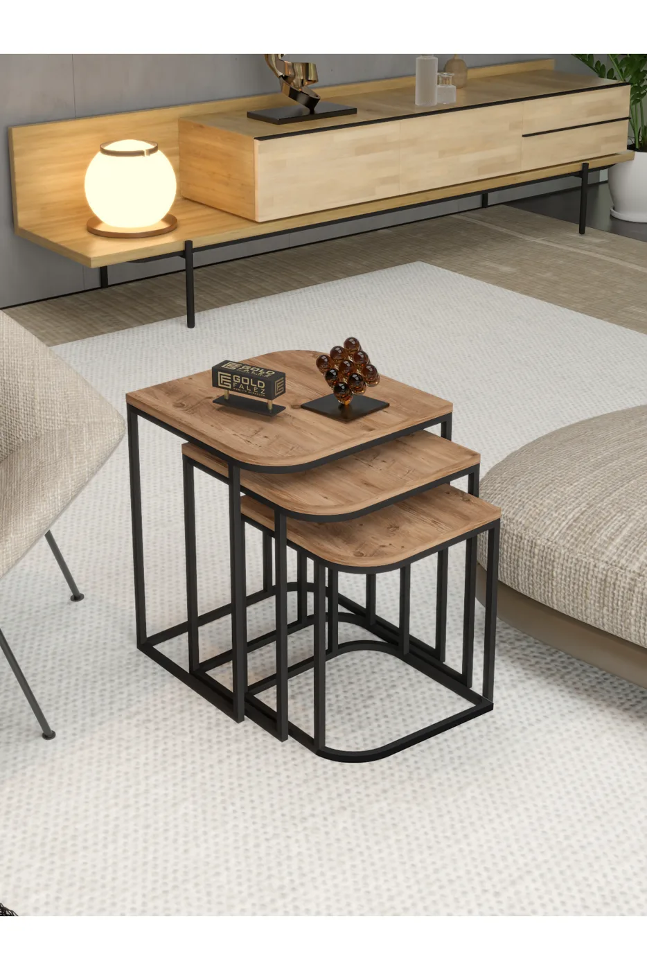 Damla 3-Piece Rectangular Nesting Table Set - Brown