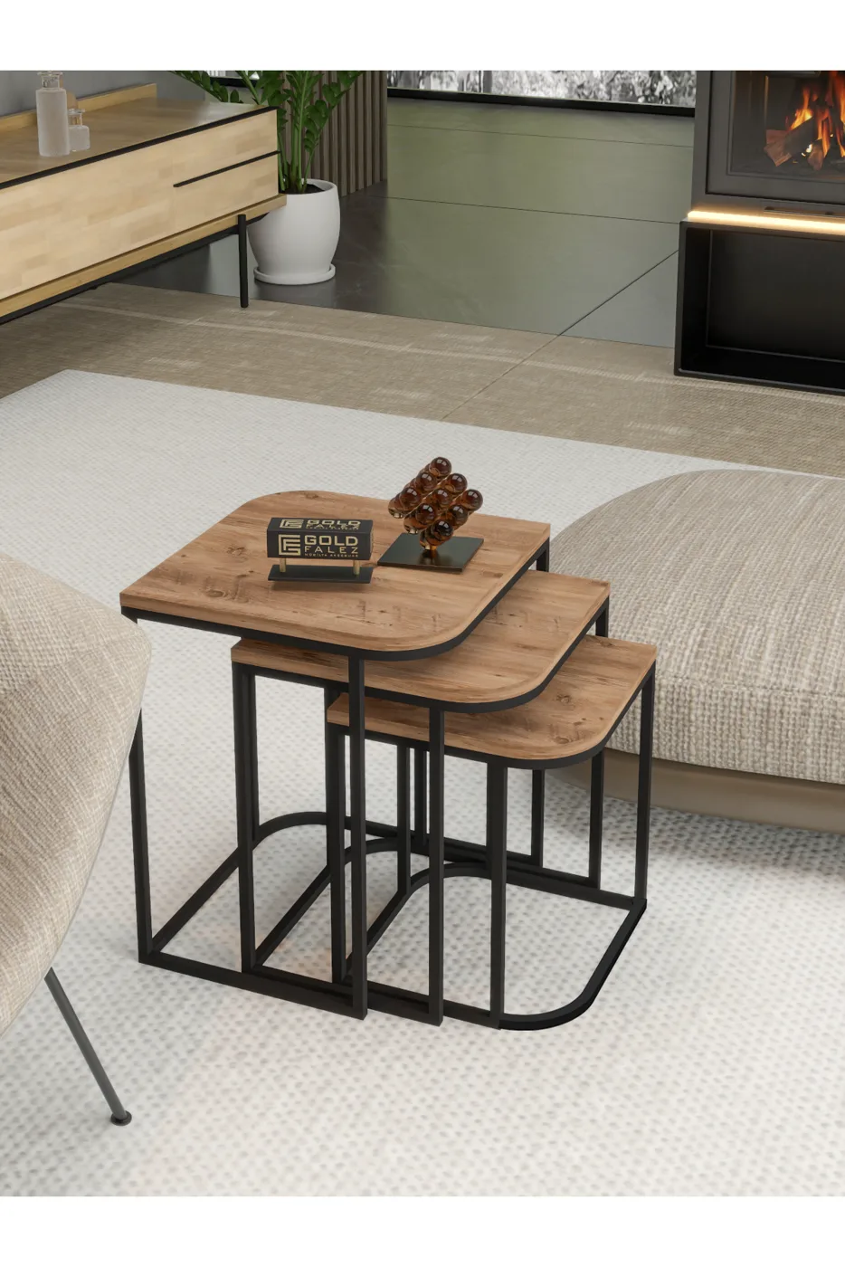 Damla 3-Piece Rectangular Nesting Table Set - Brown