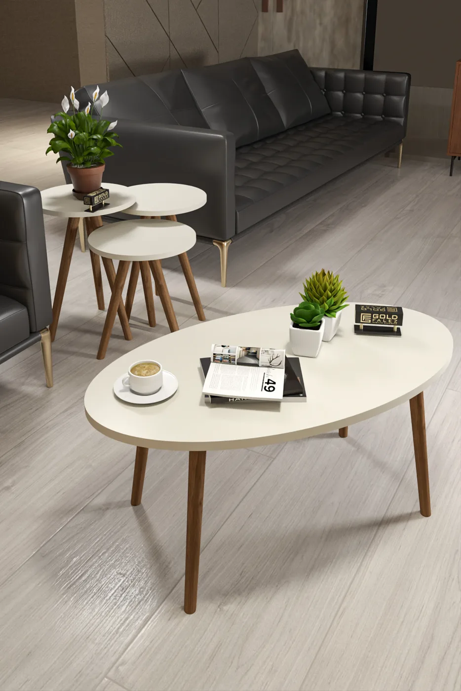 Turned Wooden Leg Oval Coffee & Nesting Table Set - Ecru