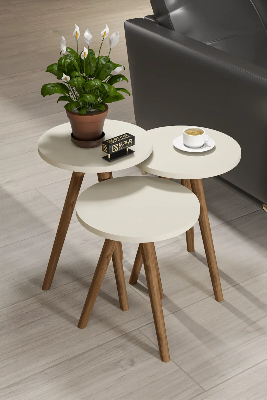 Turned Wooden Leg Oval Coffee & Nesting Table Set - Ecru
