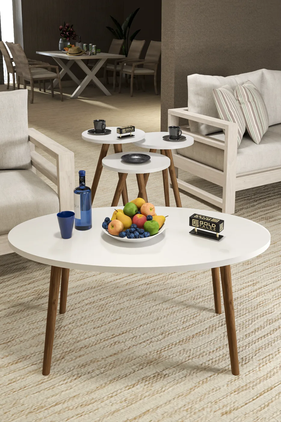 Turned Wooden Leg Oval Coffee & Nesting Table Set - White