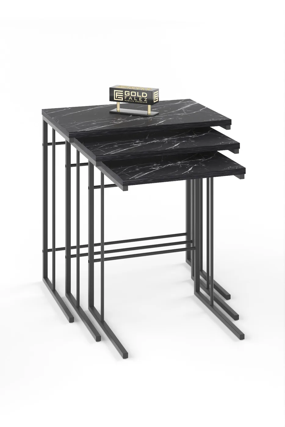 Solo 3-Piece Square Nesting Table Set - Black Marble Effect