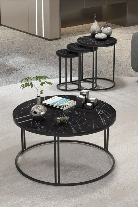 C Couch- und Satztisch-Kombinations-Set - Schwarz Marmoroptik