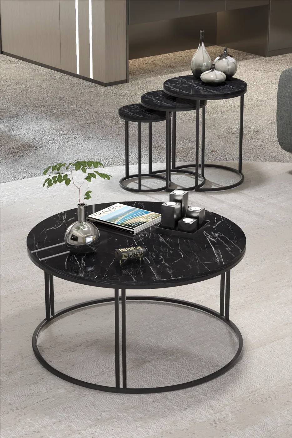 C Couch- und Satztisch-Kombinations-Set - Schwarz Marmoroptik