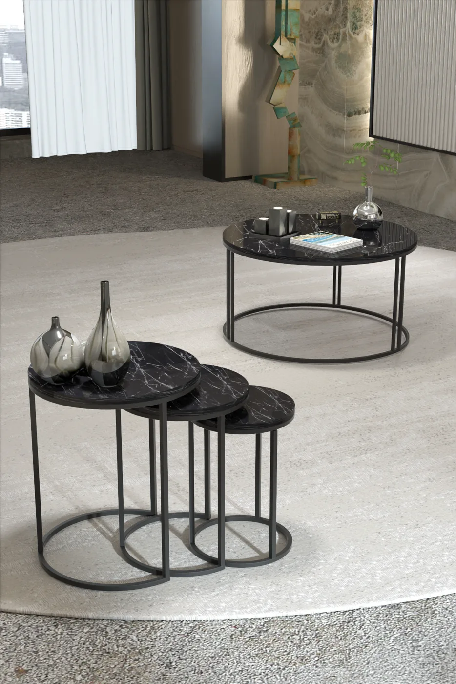 C Couch- und Satztisch-Kombinations-Set - Schwarz Marmoroptik