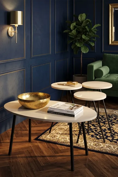 Round Coffee & Nesting Table Set Metal Legs - Ecru