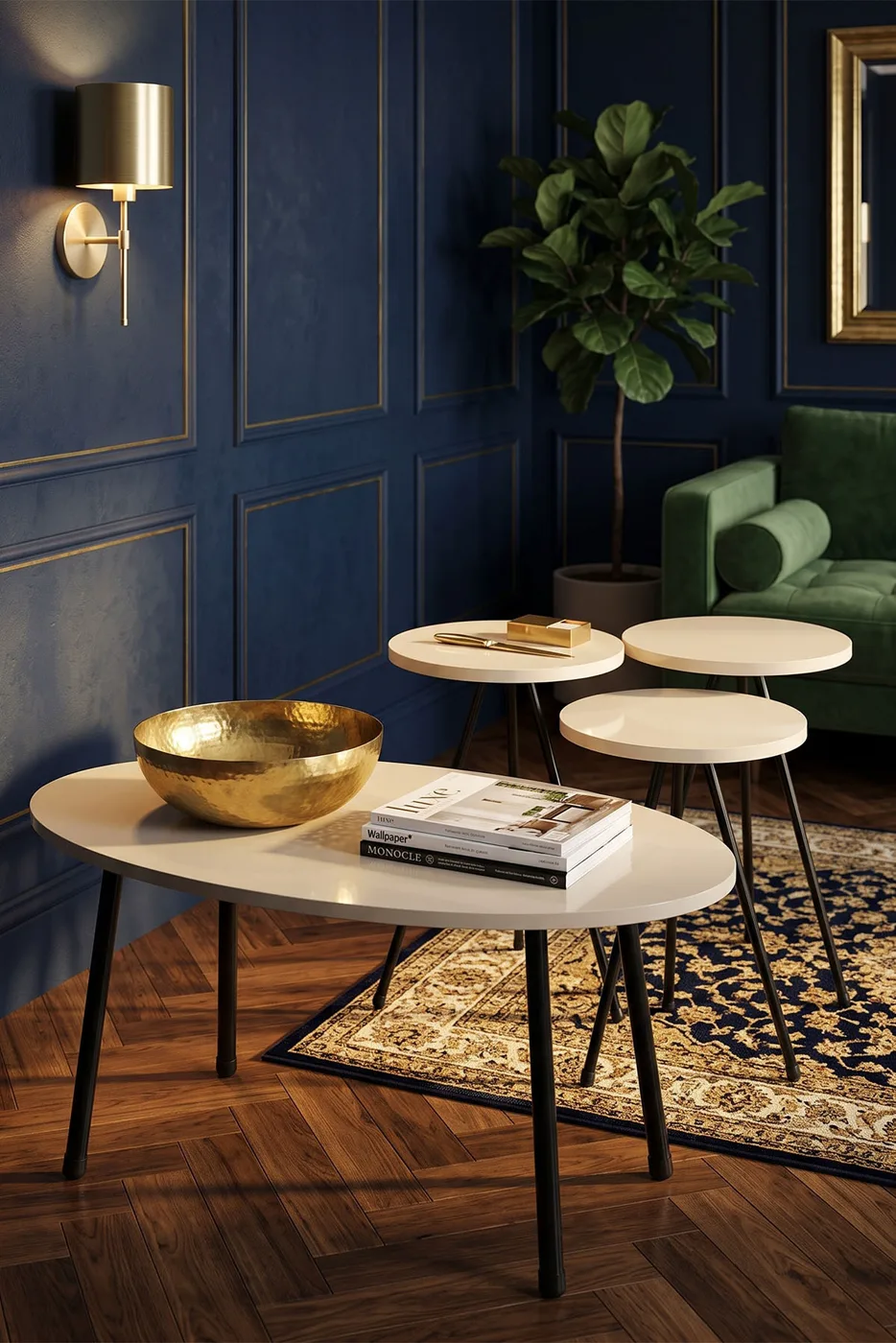 Round Coffee & Nesting Table Set Metal Legs - Ecru