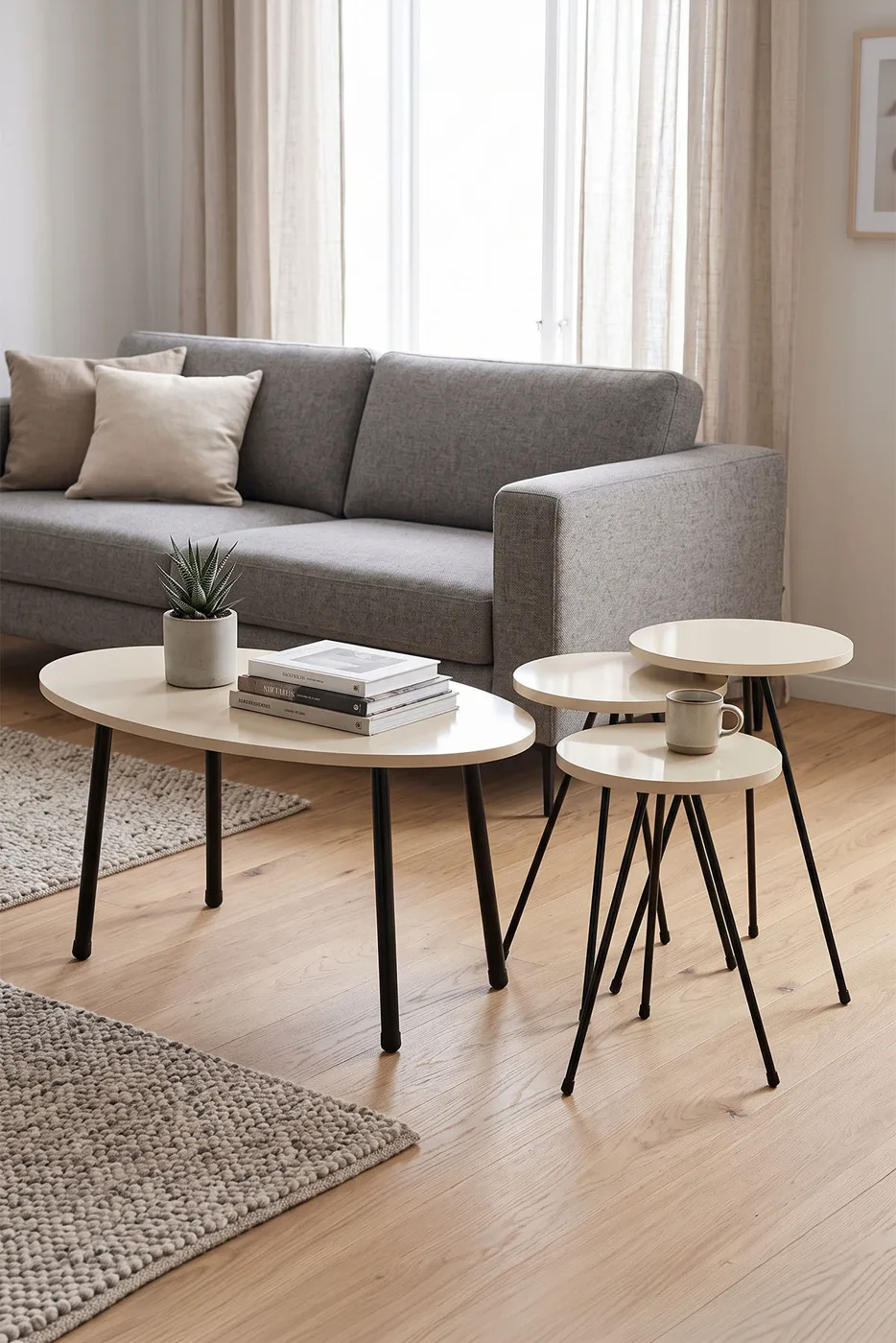 Round Coffee & Nesting Table Set Metal Legs - Ecru