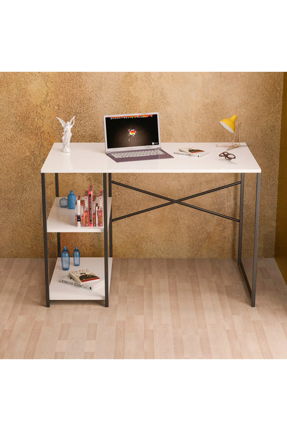 Desk with Side Shelf - White