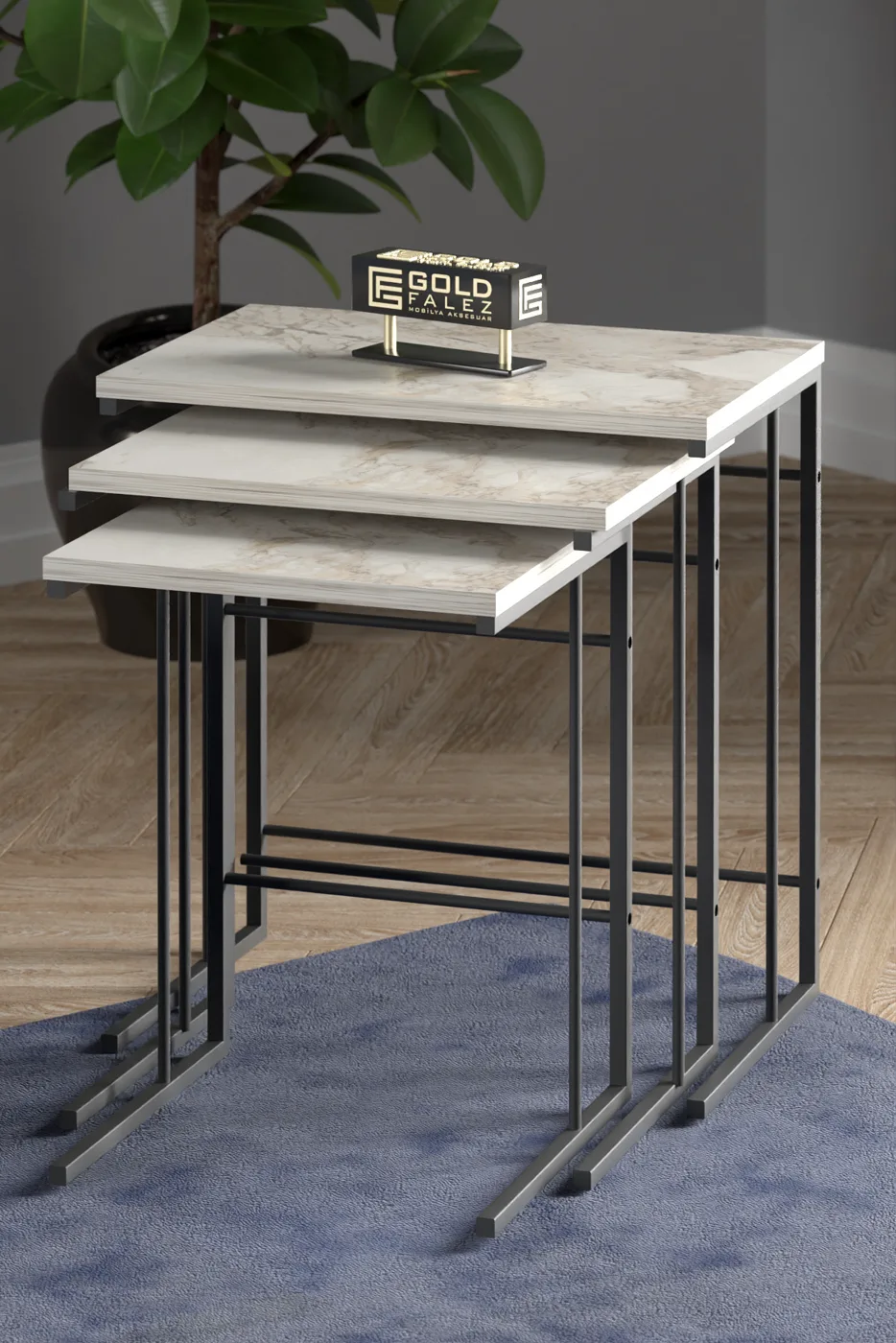 Solo 3-Piece Square Nesting Table Set - White Marble Effect